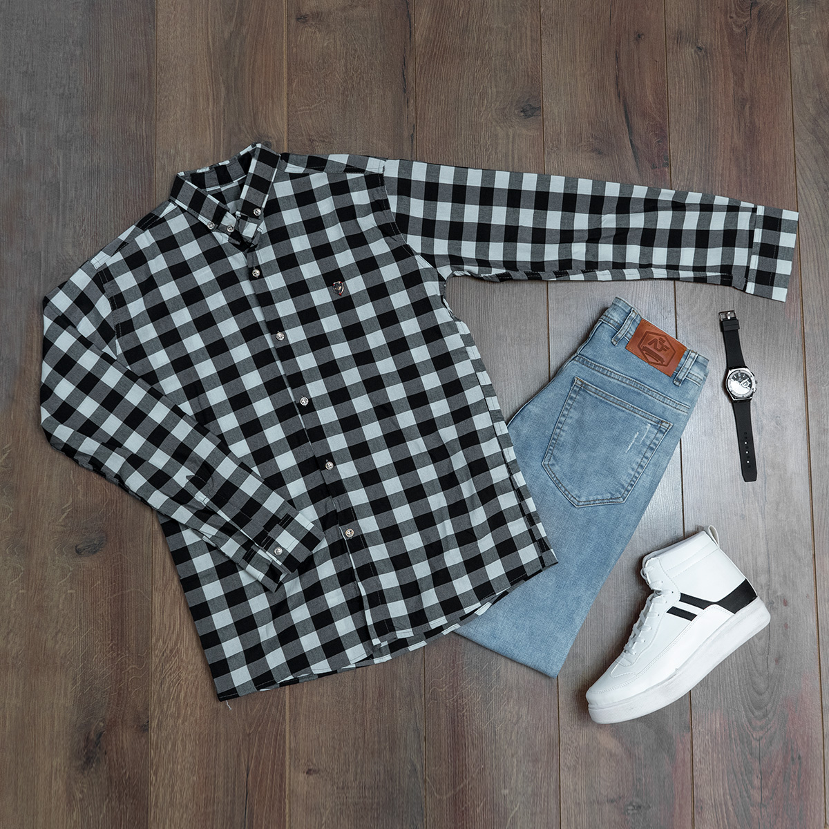 پیراهن چهارخانه مشکی سبز مدل 4560