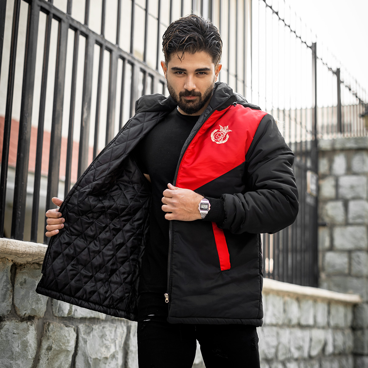 کاپشن مردانه مشکی قرمز مدل Arin