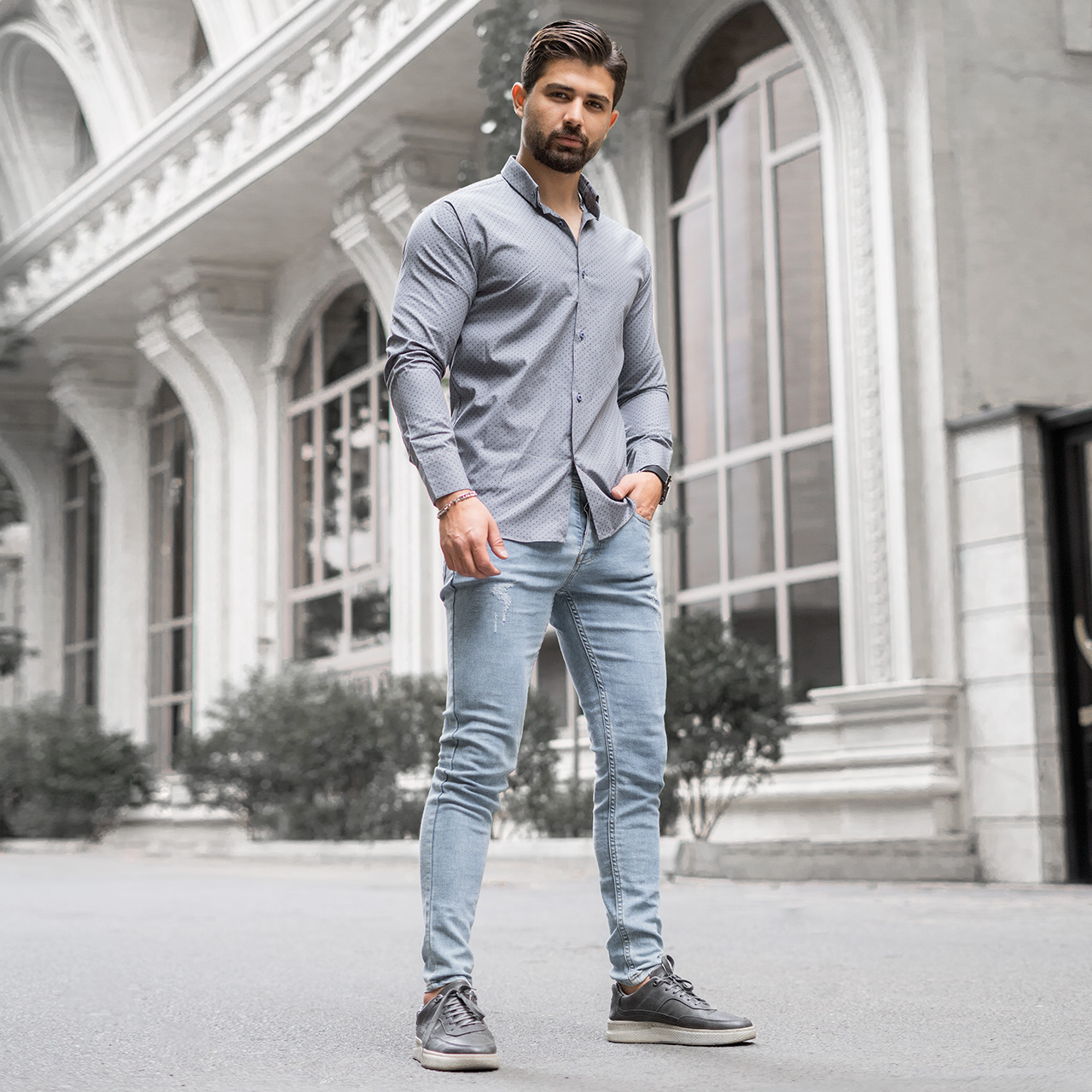 پیراهن طوسی خال خالی (T)مردانه مدلR300