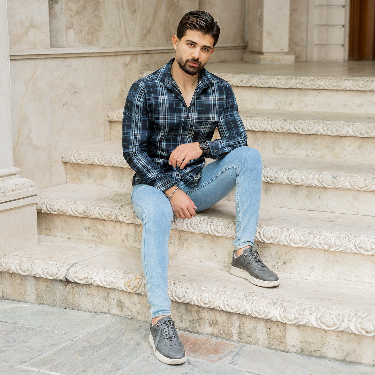 پیراهن مردانه (T)چهار خونه آبی مدلzava