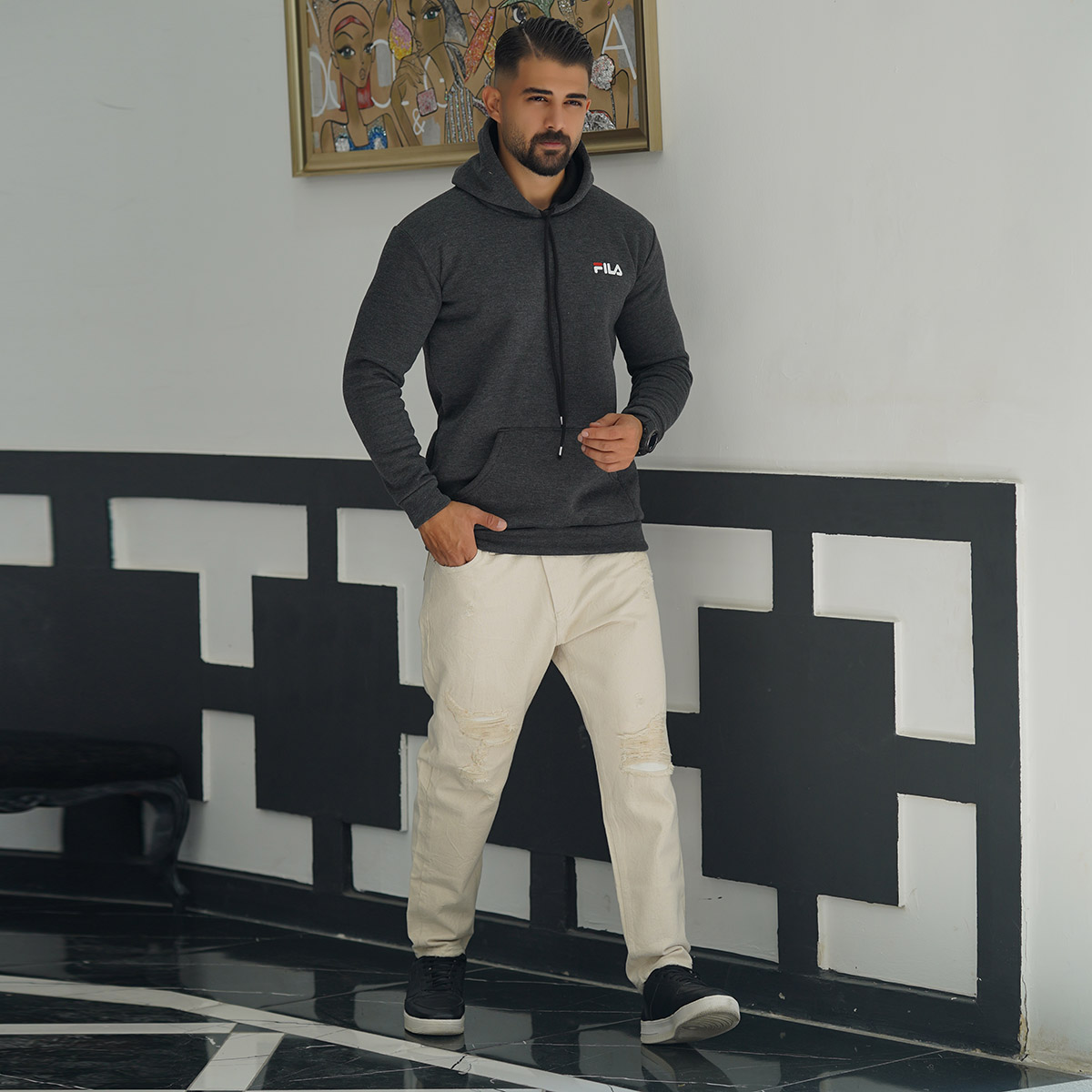 هودی مردانه فیلا ذغالی مدل Pirooz