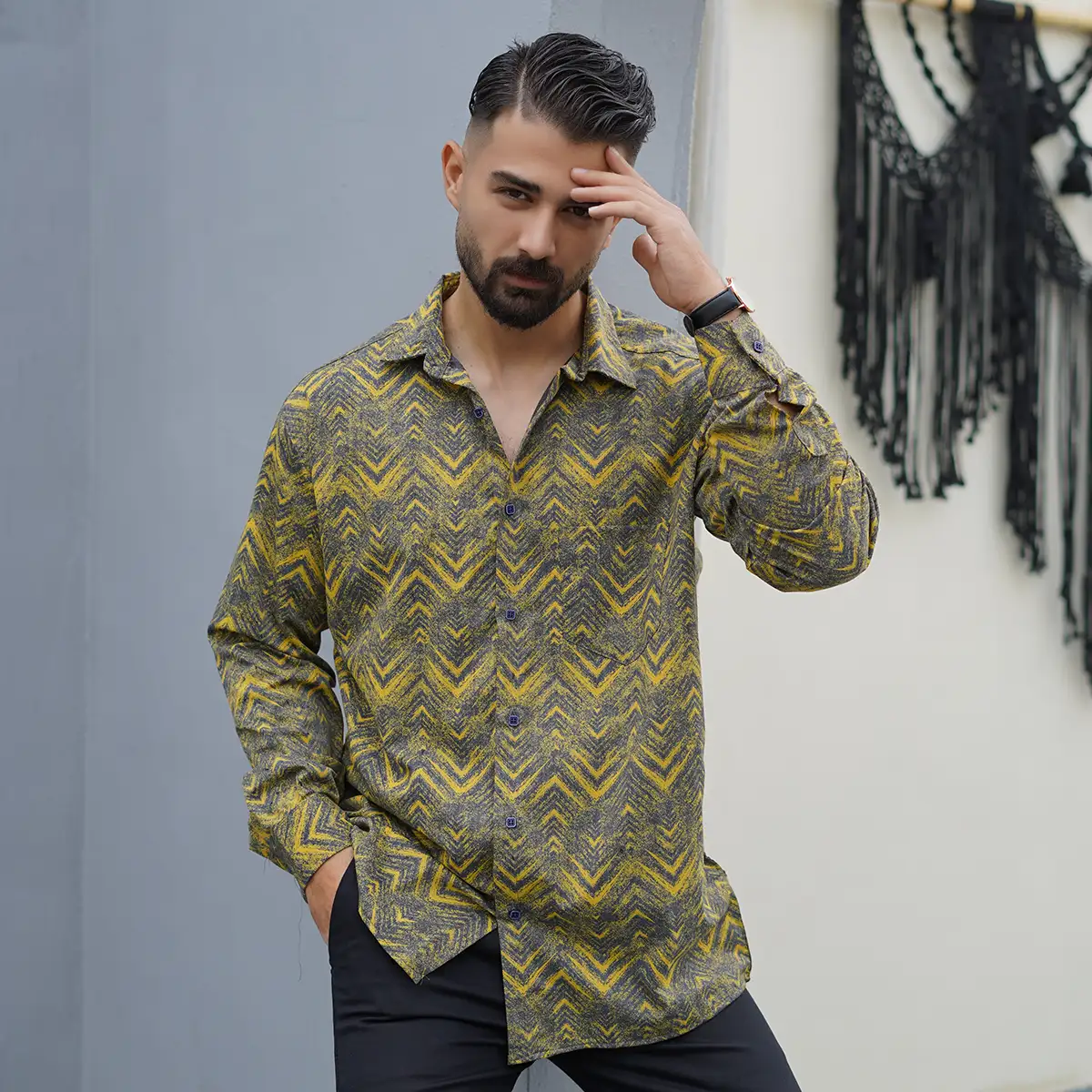 پیراهن مردانه خردلی مدل awino