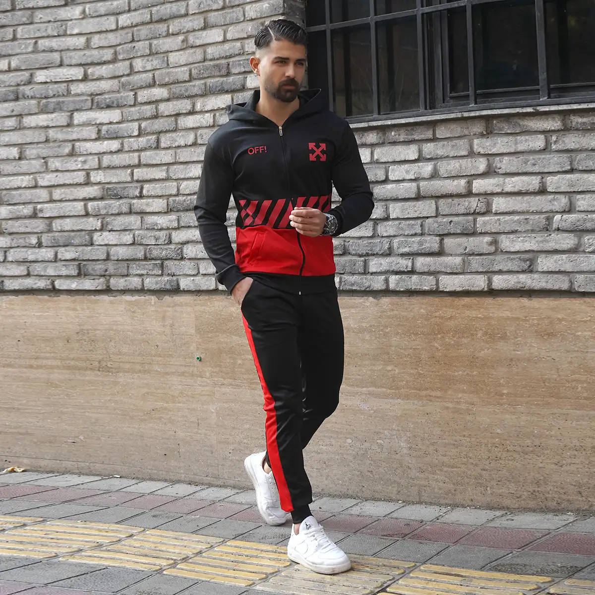 ست سوییشرت شلوار مردانه مشکی قرمزoff-white مدل Manga