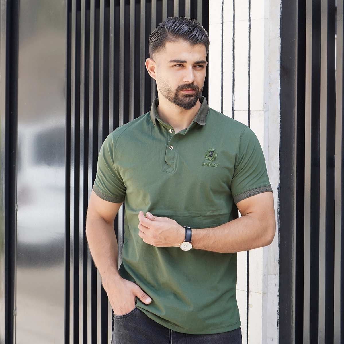 تیشرت یقه دار سبز مردانه مدل Taha