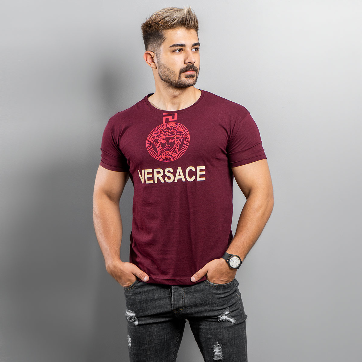 تیشرت Versace مردانه زرشکی مدل Janatan